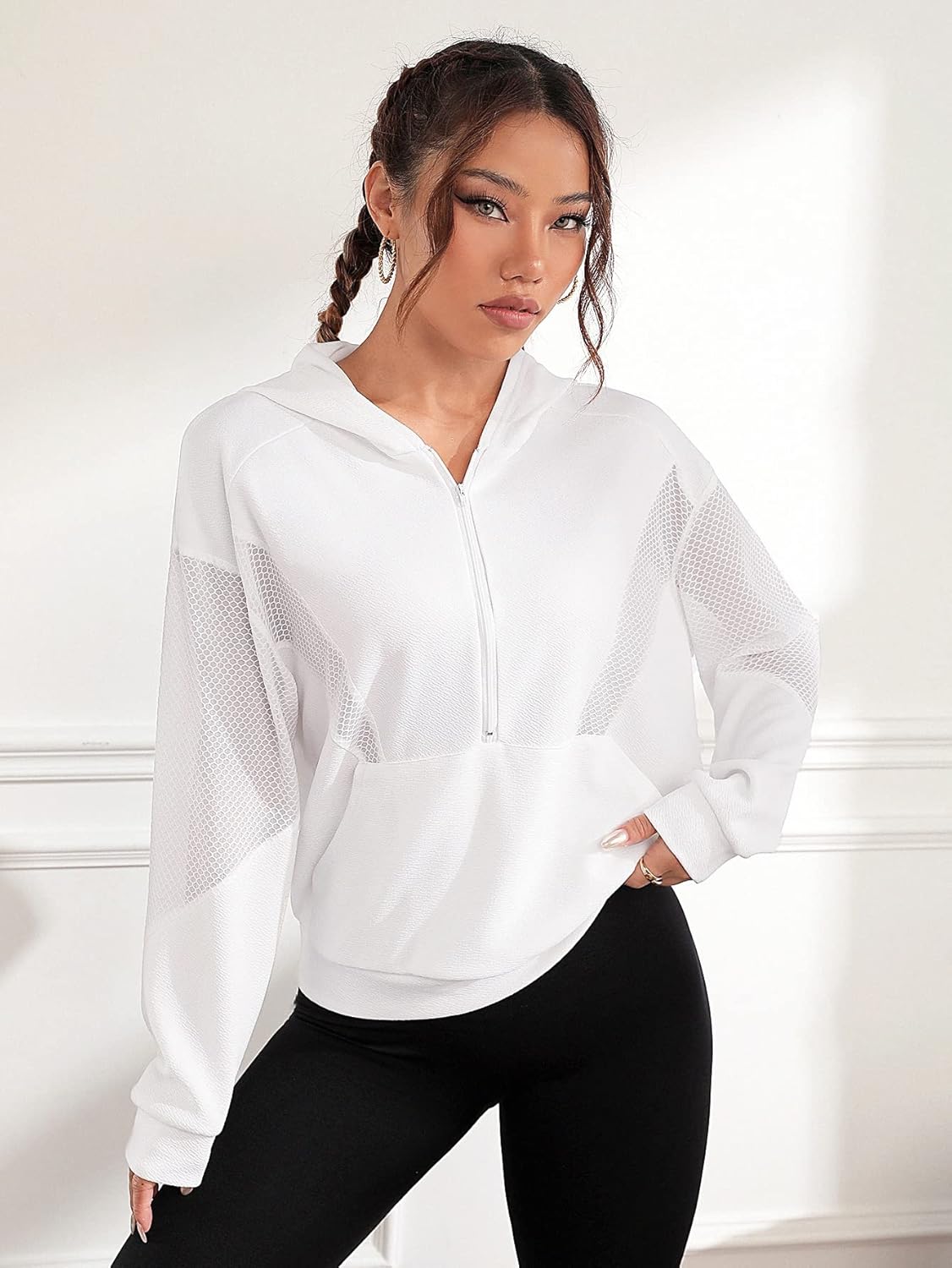 Women's Half Zip Crop Hoodie Long Sleeve Hollow Out Hooded Sweatshirt Pullover Tops