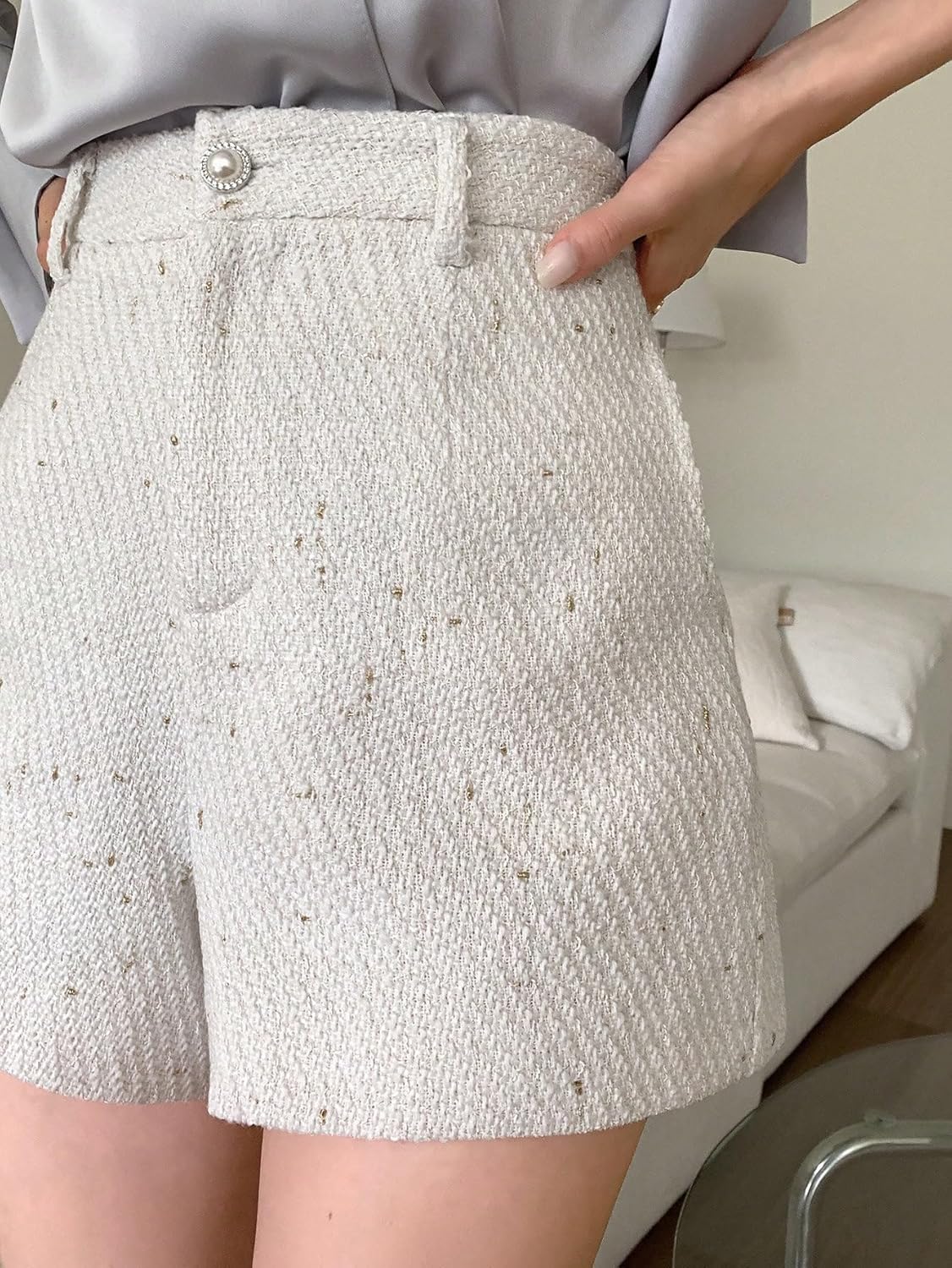 Women's High Waisted Dressy Trouser Shorts Wide Leg Zip Up Bermuda Tweed Shorts