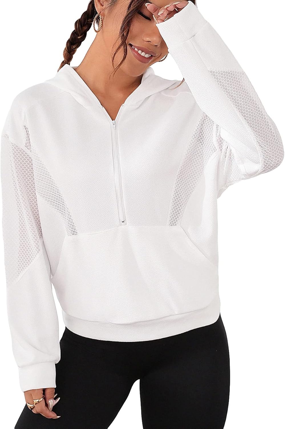 Women's Half Zip Crop Hoodie Long Sleeve Hollow Out Hooded Sweatshirt Pullover Tops