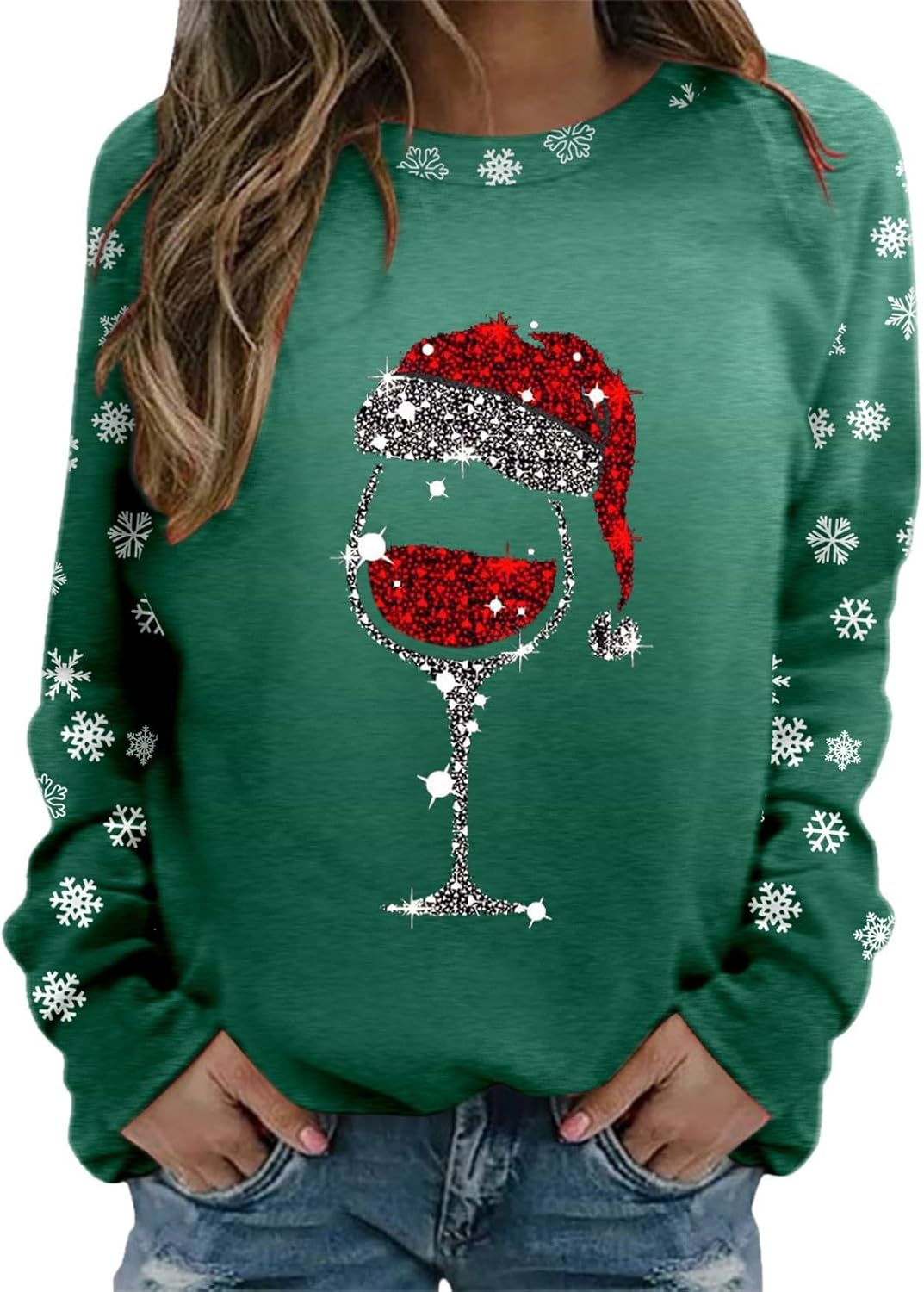 Rhinestone Christmas Sweatshirts for Women Long Sleeve Crewneck Party Shirts Red Wine Glass Print Cute Xmas Tops