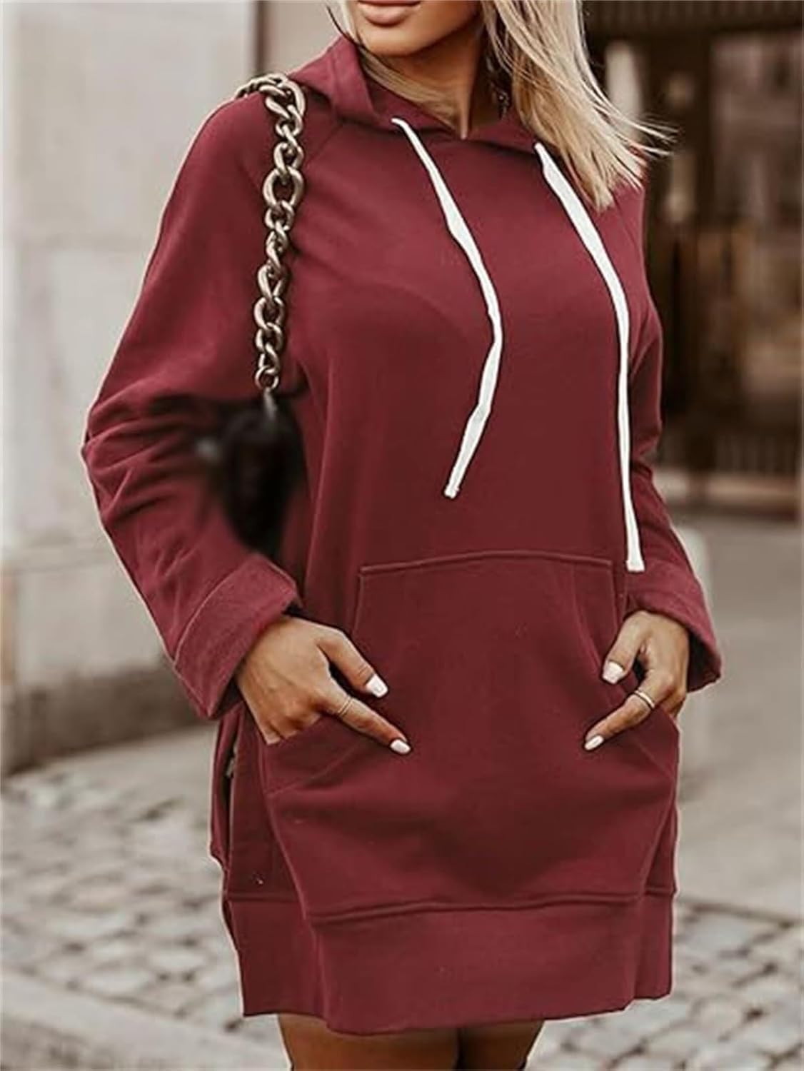 The Warmy Oversized Hoodie Dress,Hoodie Dress Forwomen,Women's Casual Pullover Long Sleeve Split Hem